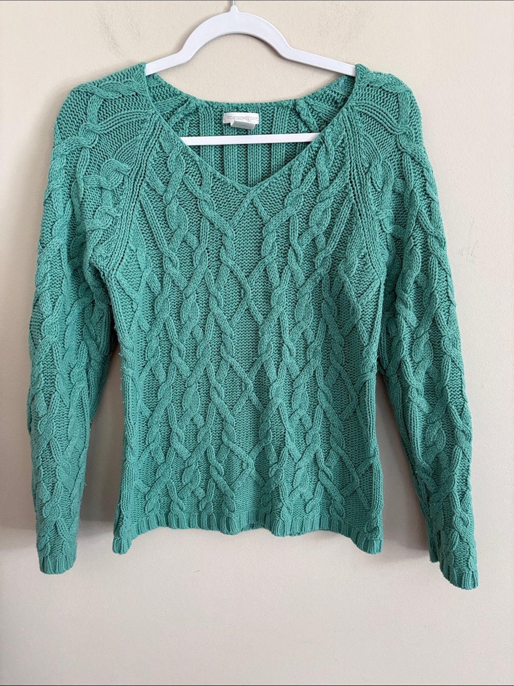 Worthington Cable Knit V-Neck Sweater in Teal